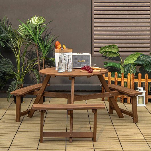6-person Round Wooden Picnic Table with Umbrella Hole and 3 Built-in Benches-Dark Brown-0
