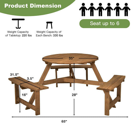 6-person Round Wooden Picnic Table with Umbrella Hole and 3 Built-in Benches-Dark Brown-2