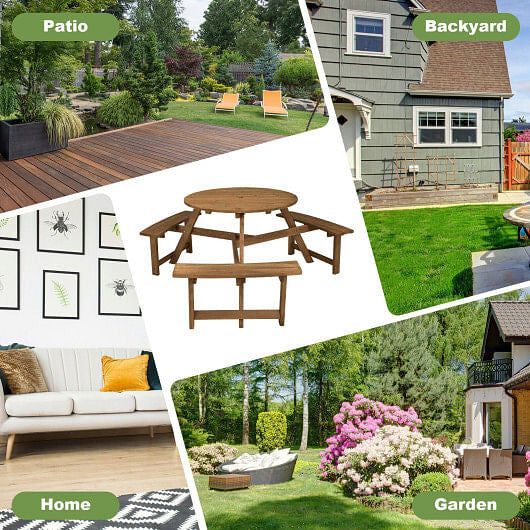 6-person Round Wooden Picnic Table with Umbrella Hole and 3 Built-in Benches-Dark Brown-3